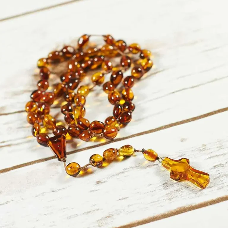 Baroque Baltic amber bead rosary with amber gemstone cross